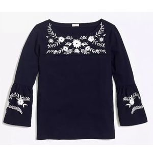 J. Crew Navy Long Sleeve Top with White Floral Embroidery